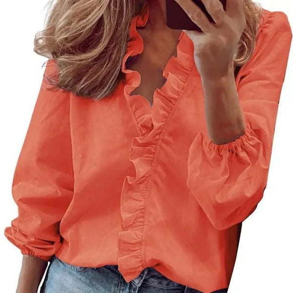 Variant image for Dam Blus V-ringning Långa Ärmar Ruffles Lätt Tyg-1