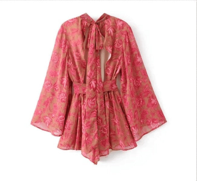 Kvinnors Mini Klänning Blommig Chiffon Flödande Ärmar-3