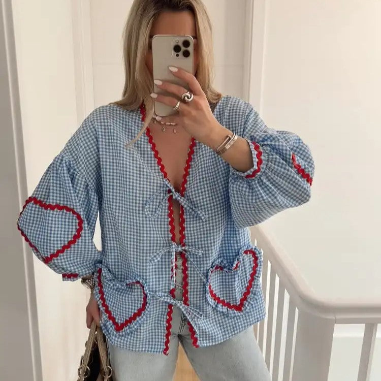 Dam V-Neck Blus med Hjärtformade Fickor i Vintage Stil-6