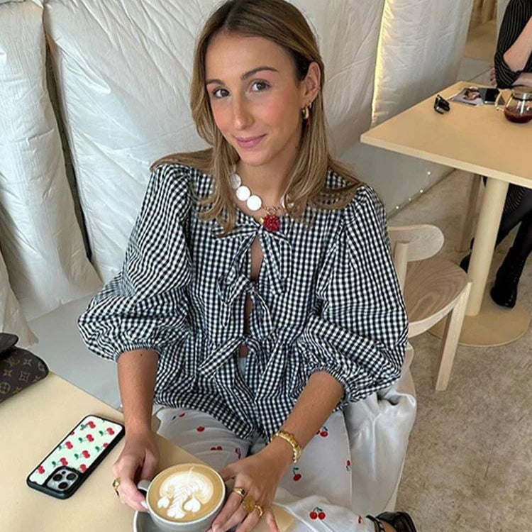 Variant image for Dam Blus med Puffhylsor Randig Design Lätt Tyg-5