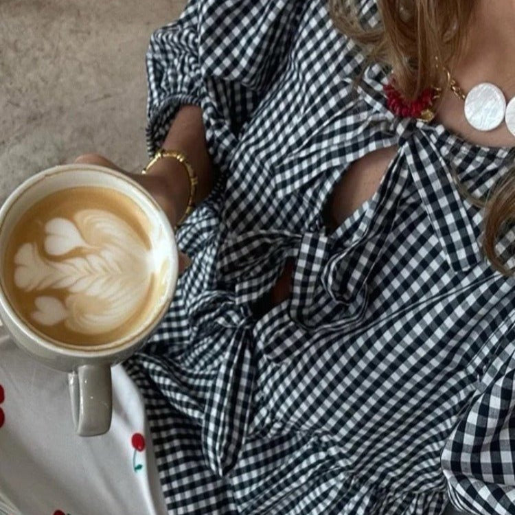 Dam Blus med Puffhylsor Randig Design Lätt Tyg-3