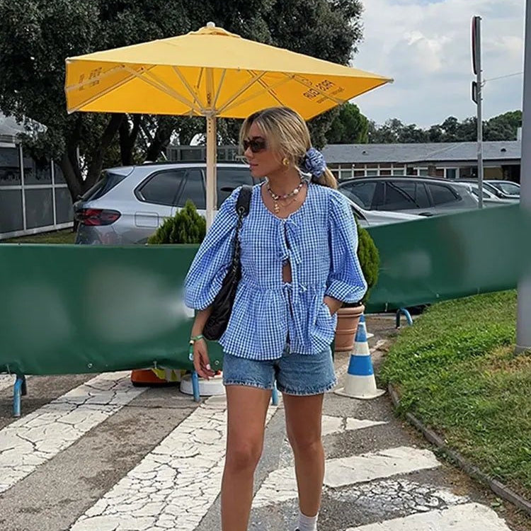 Variant image for Dam Blus med Puffhylsor Randig Design Lätt Tyg-9