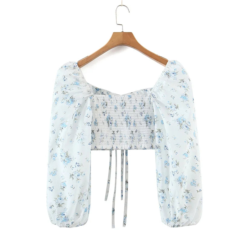 Dam Festtopp Blommönster Elastisk Hög Midja Puffärm Bomull-2