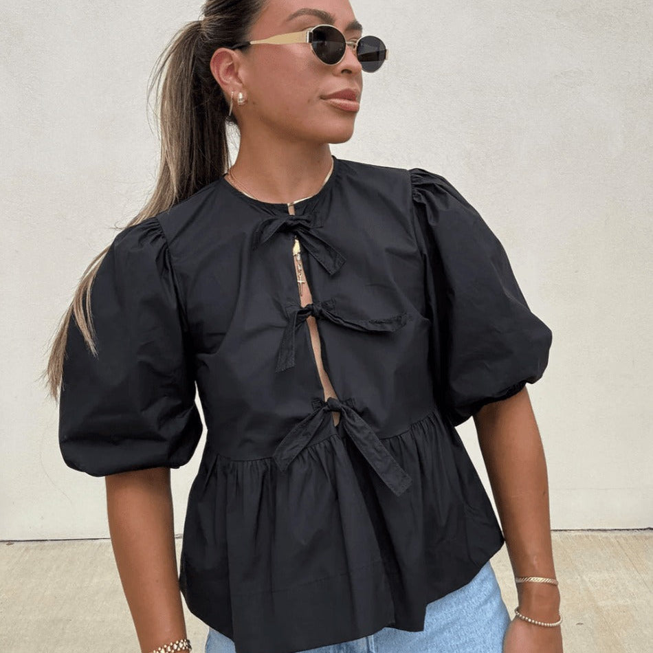 Variant image for Dam Blus med Puffhylsor Randig Design Lätt Tyg-13