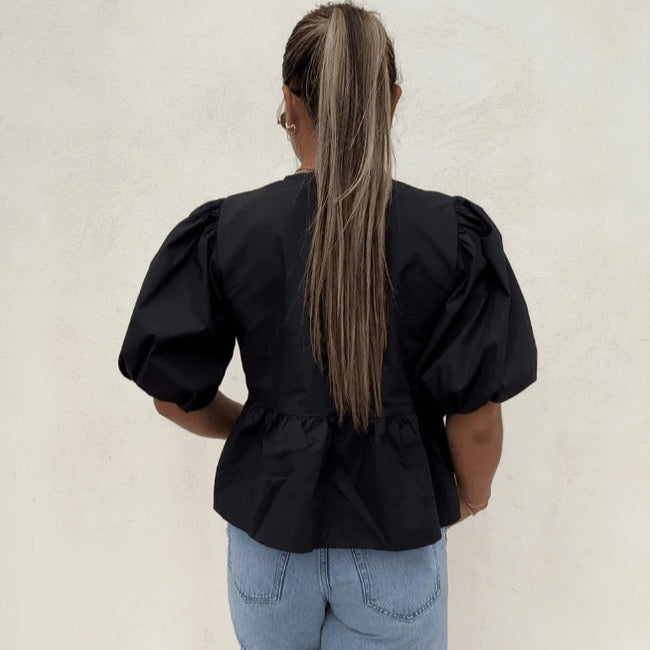 Dam Blus med Puffhylsor Randig Design Lätt Tyg-5