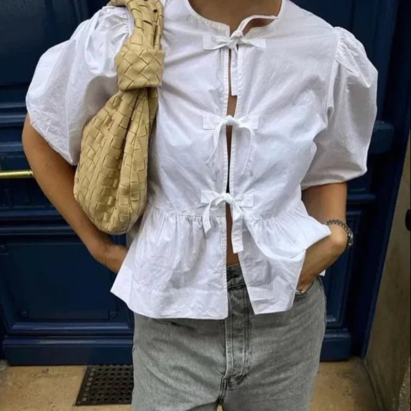 Variant image for Dam Blus med Puffhylsor Randig Design Lätt Tyg-17