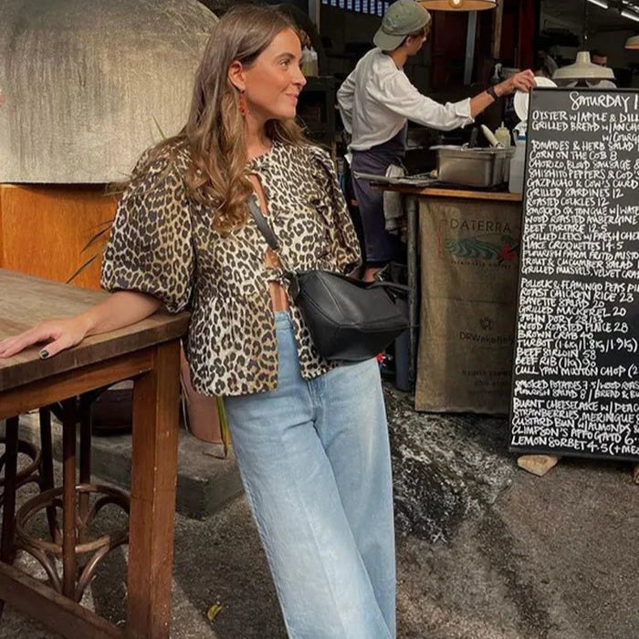 Dam Blus med Puffhylsor Randig Design Lätt Tyg-6