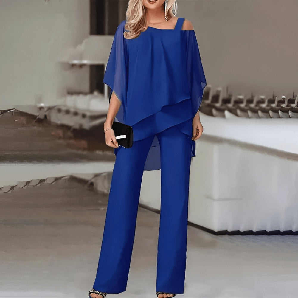 Kvinnors Off-Shoulder Set Skiktad Topp Lätta Byxor-2