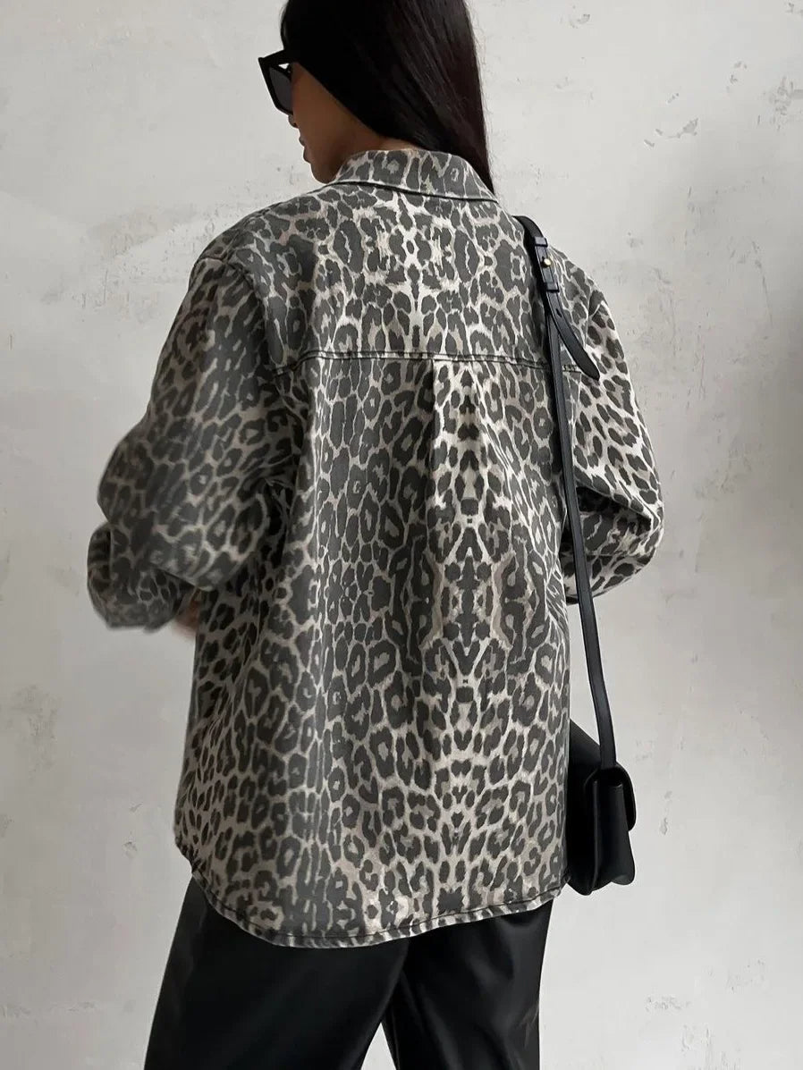 Damjacka Leopardmönster Avslappnad Polyester Jacka för Damer-3