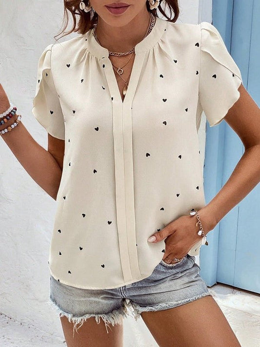 Blus Dam Figurbetonad HöftlÀngd Stretch Polyester med HjÀrtmönster-1