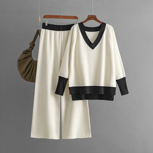 Dam Set med Långärmad Tröja och Byxor V-ringning Mjuk Polyester-1