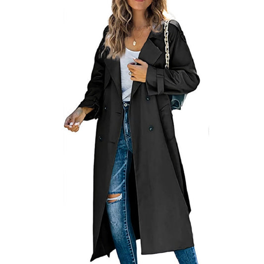 Kvinnor Lång Trenchcoat Klassisk Design Högkvalitativt Tyg-1