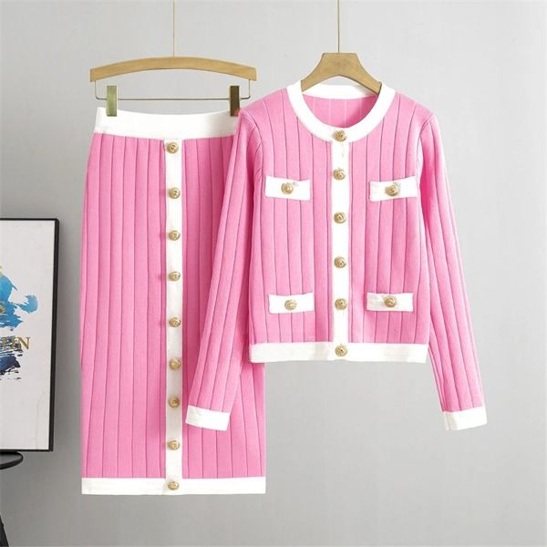 Dam Blazer och Kjol Gyllene Knappdetaljer Polyester Bomull-5