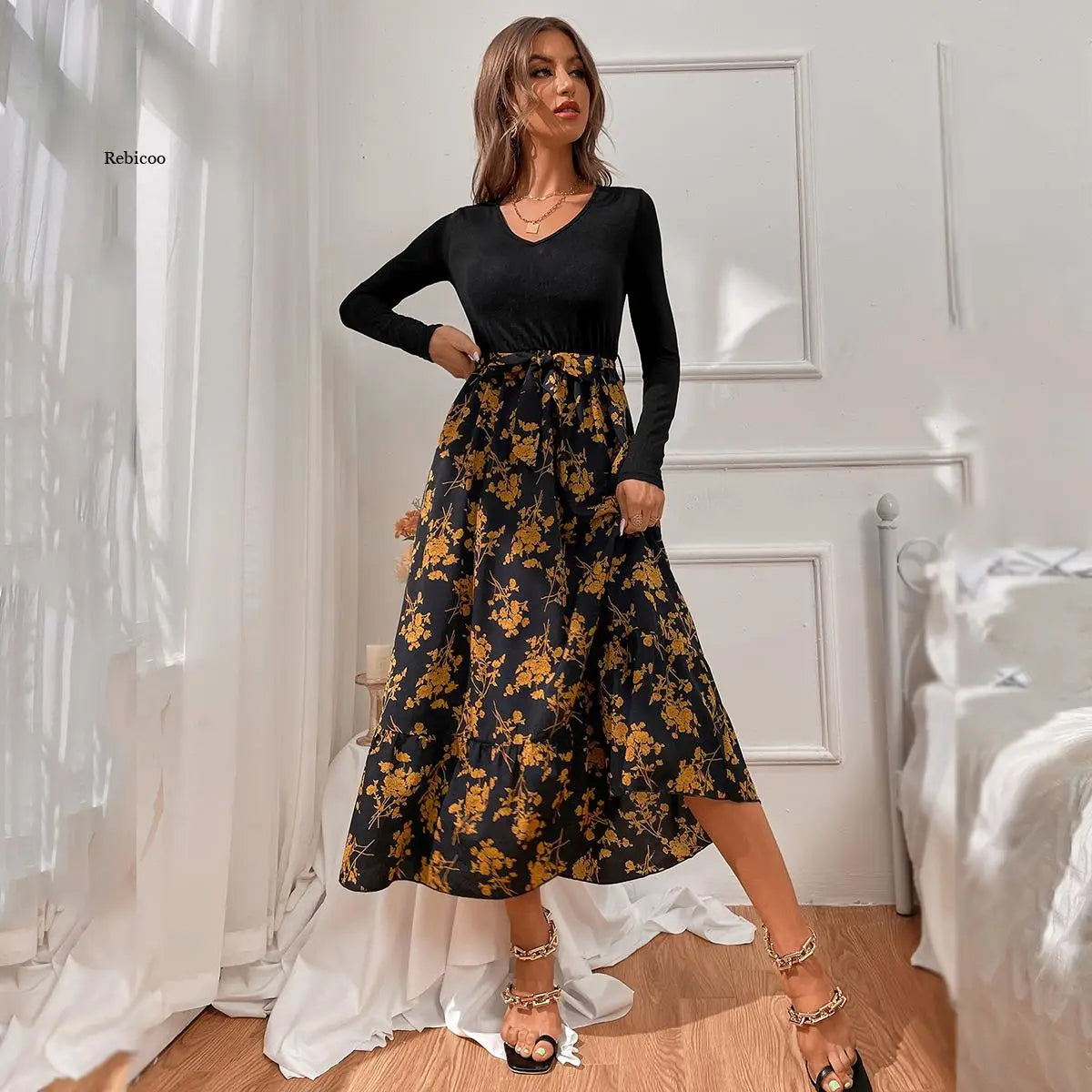 Variant image for Kvinna Midi Klänning Blommönster Långa Ärmar Andningsbart Tyg-4