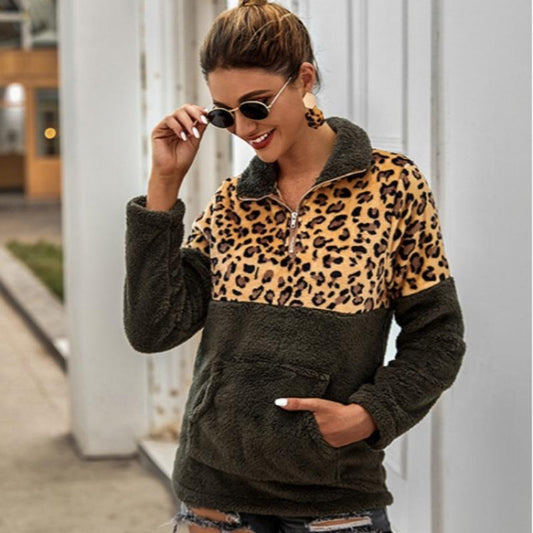 Dam Fleece Pullover Leopardsmönster Mjuk och Bekväm-1
