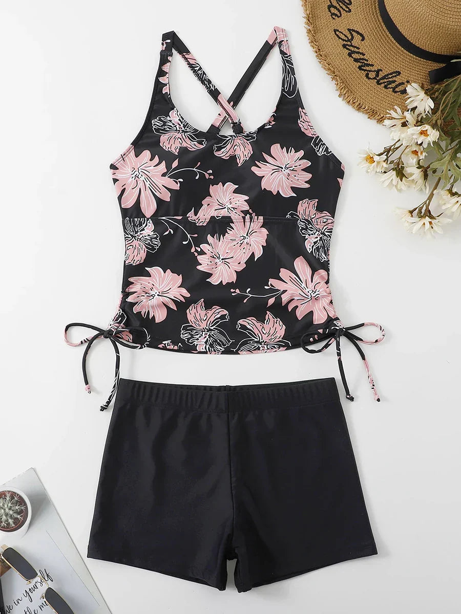 Baddräkt Dam Tvådelad Blommönstrad Nylon Spandex-3