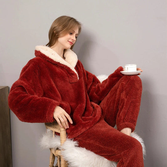 Dam Loungewear Set Avslappnad Fleece Med Huva-1