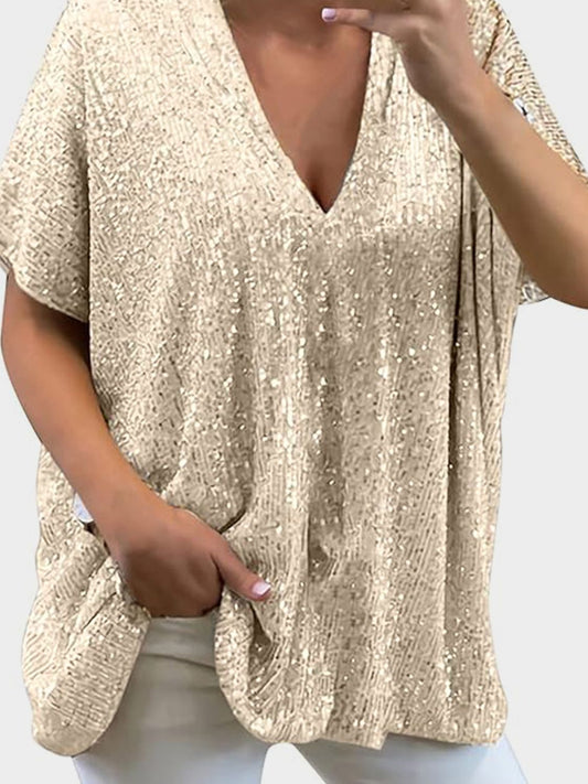 Kortärmad Blus Dam V-ringning med Paljetter i Polyester-1