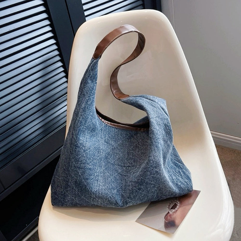 Dam Axelremsväska Denim med Diamantmönster Justerbar Rem-1