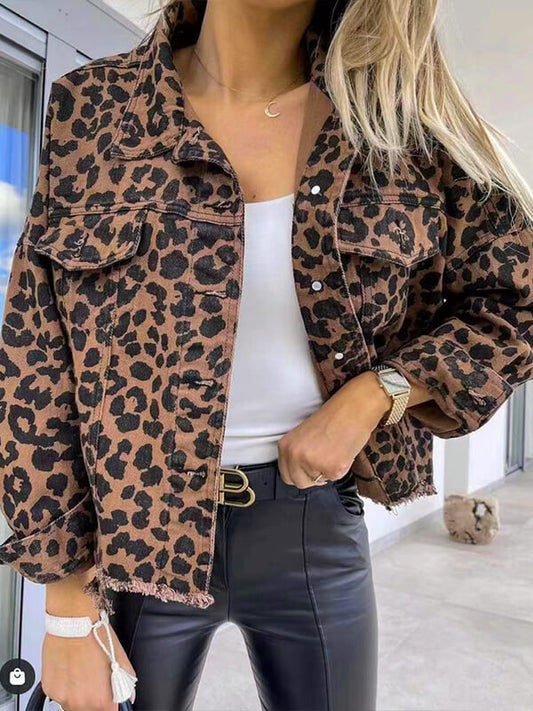 Dam Denimjacka Leopardmönster Långa Ärmar Denim-1