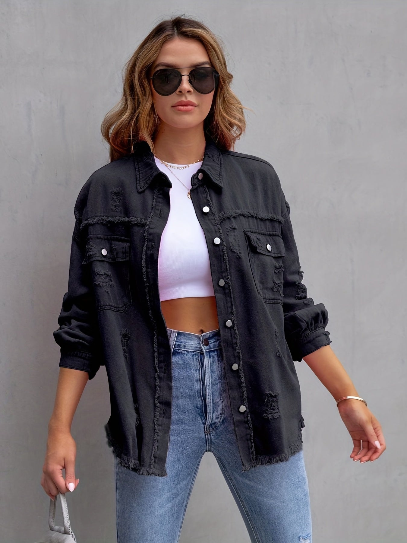 Överdimensionerad Denimjacka Damer Rippade Detaljer Högkvalitativ Denim 2