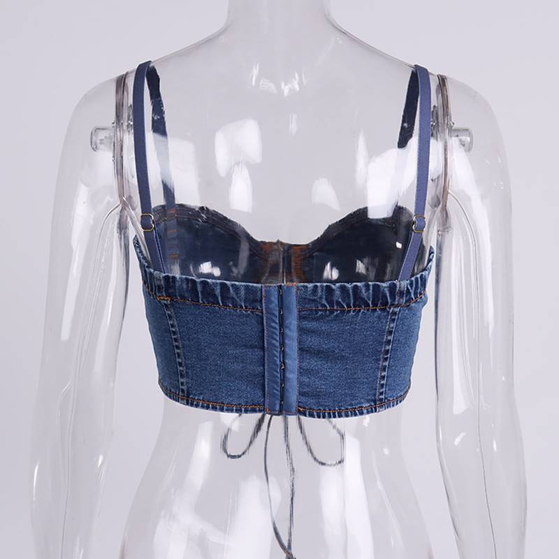 Dam Bustier Kort Denim med Spetsdetaljer-5