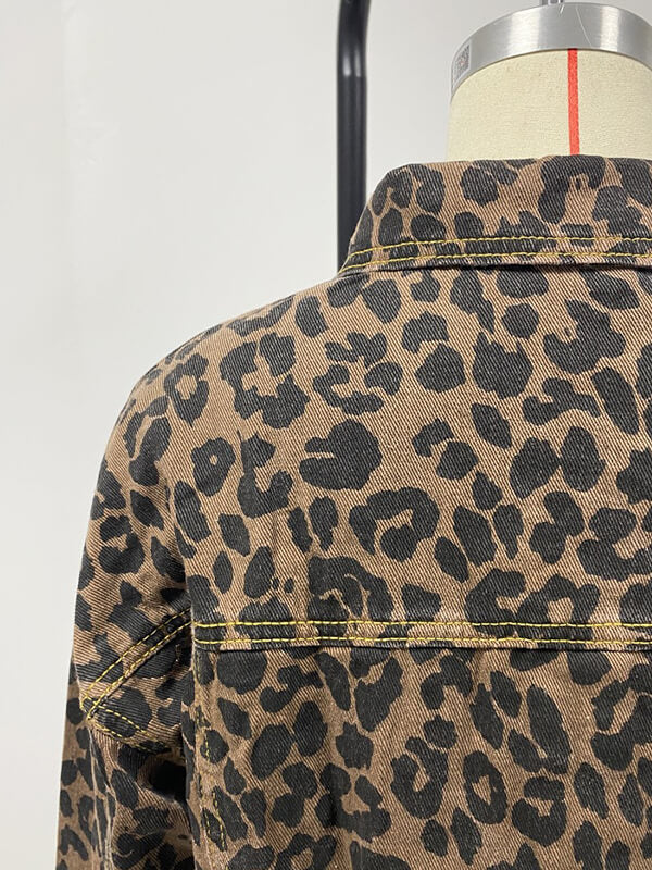 Dam Denimjacka Leopardmönster Långa Ärmar Denim-4