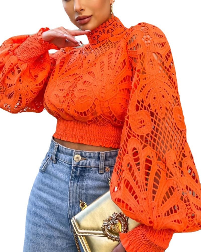 Dam Festtopp Klockärmad Ihålig Polyester-6