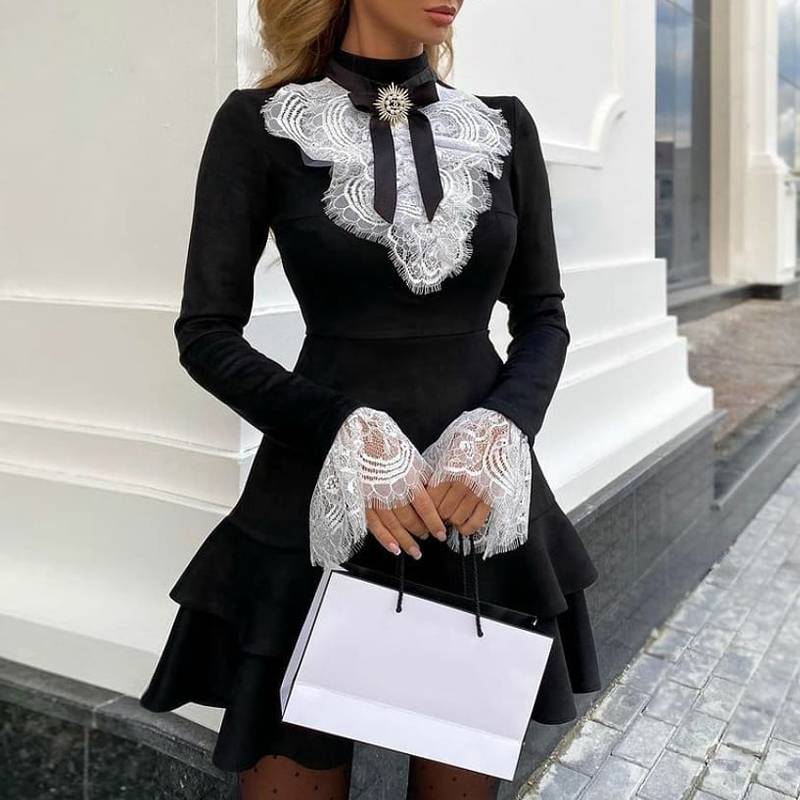 Dam Miniklänning A-linje O-krage i Bomull med Spetsdetaljer-4