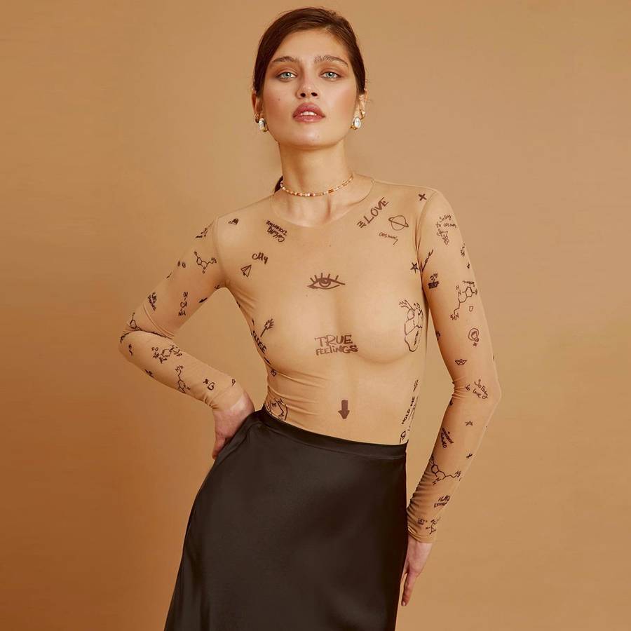 Dam Bodysuit Transparent Långärmad Spandex Elegant Design-3
