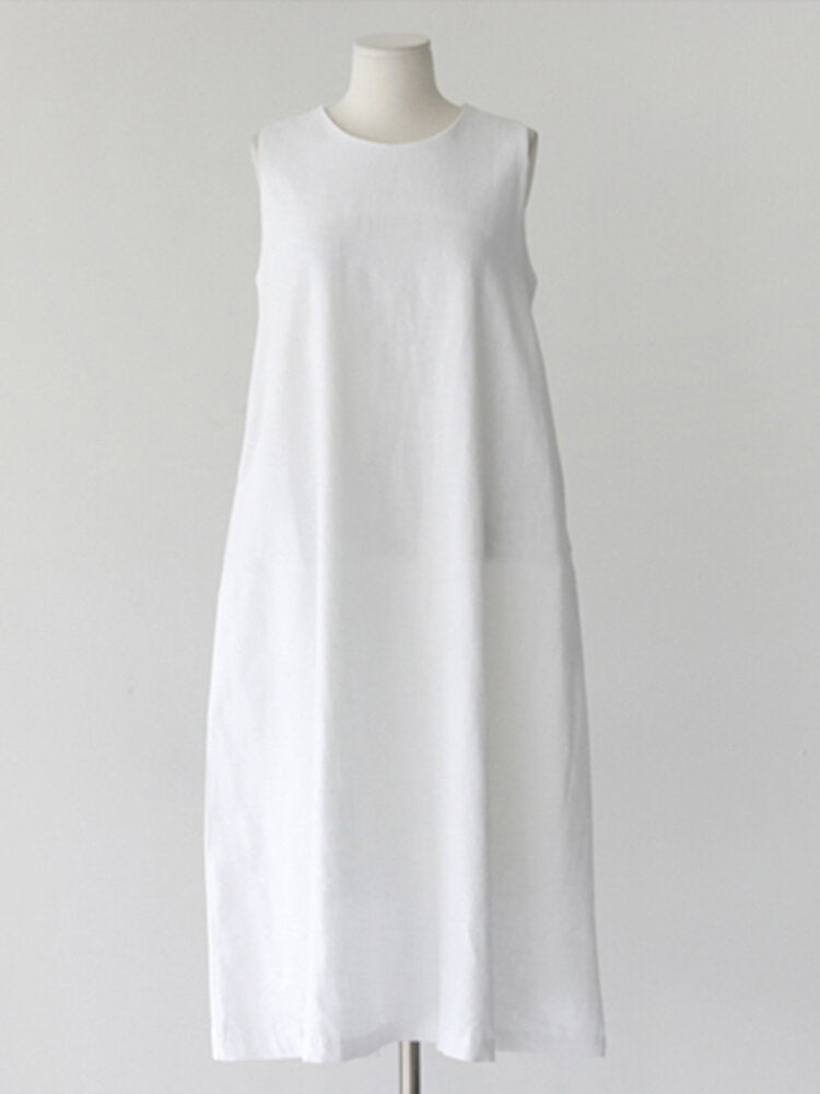 Variant image for Kvinnors Midi Klänning O-hals Avslappnad Bomull med Fickor-15