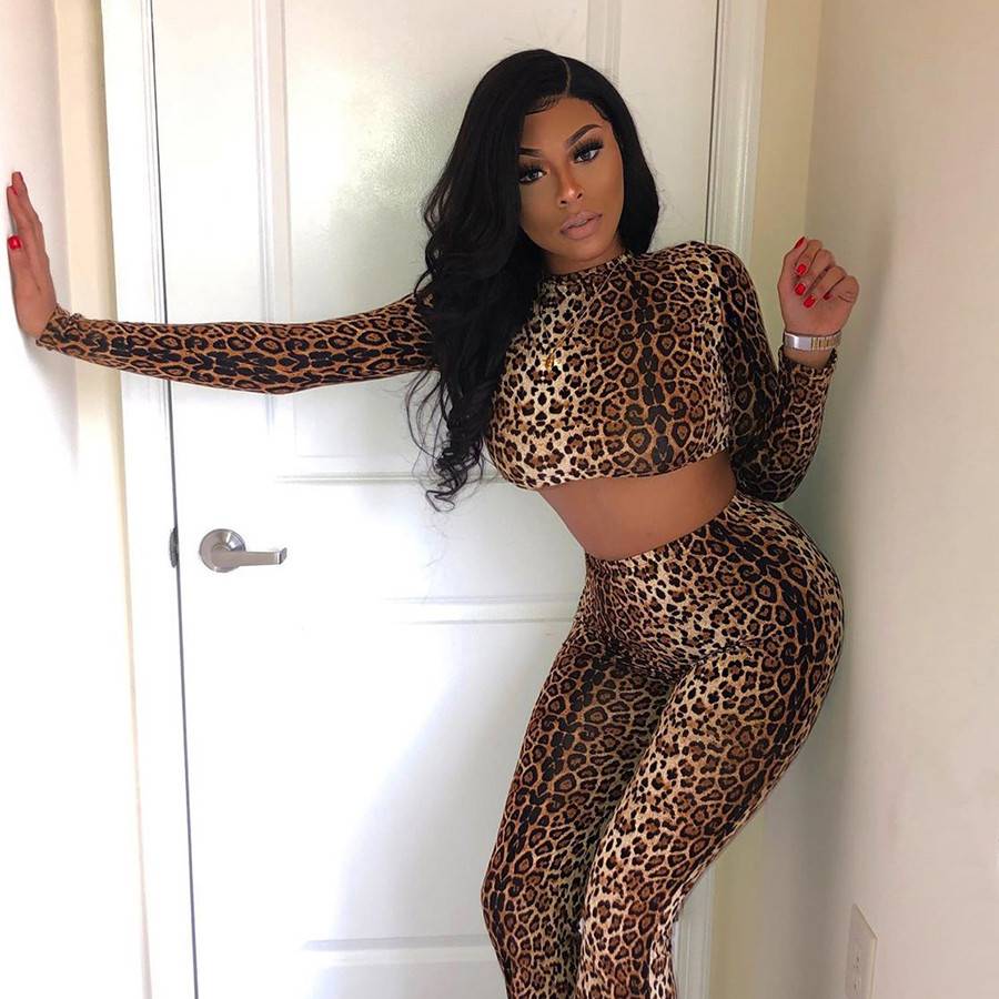 Dam Set Leopardmönstrad Långärmad Spandex Polyester 4