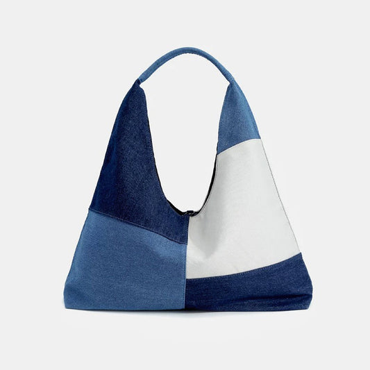 Rymlig Denim Shoppingväska för Dam med Patchwork-design och Axelrem – Praktisk och Stilren 1