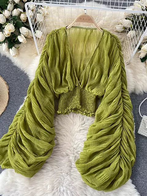 Dam Blus V-hals Chiffong Långa Ärmar Trendig Stil-4