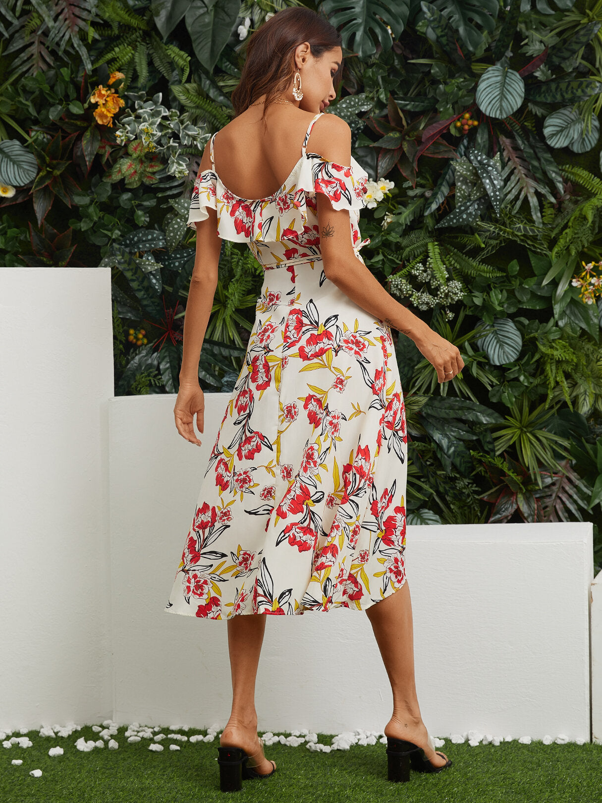 Kvinnors Midi Klänning Blommigt Polyester Utan Axlar-4