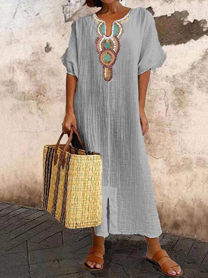 Variant image for Dam Klänning Kaftan Maxi med Broderi i Bomull och Linne-13