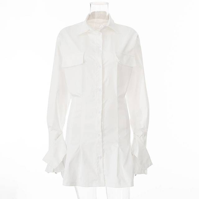 Mini Klänning för Kvinnor med Klockärmar och Vänd Krage – Polyester Spandex, Lårkort, Elegant och Bekväm 7