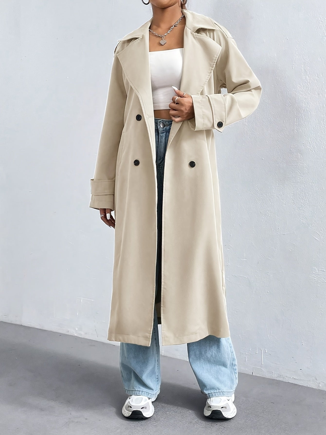 Elegant Långärmad Dam Kappa i Högkvalitativ Polyester – Tidlös Trenchcoat för Formella Tillfällen 2