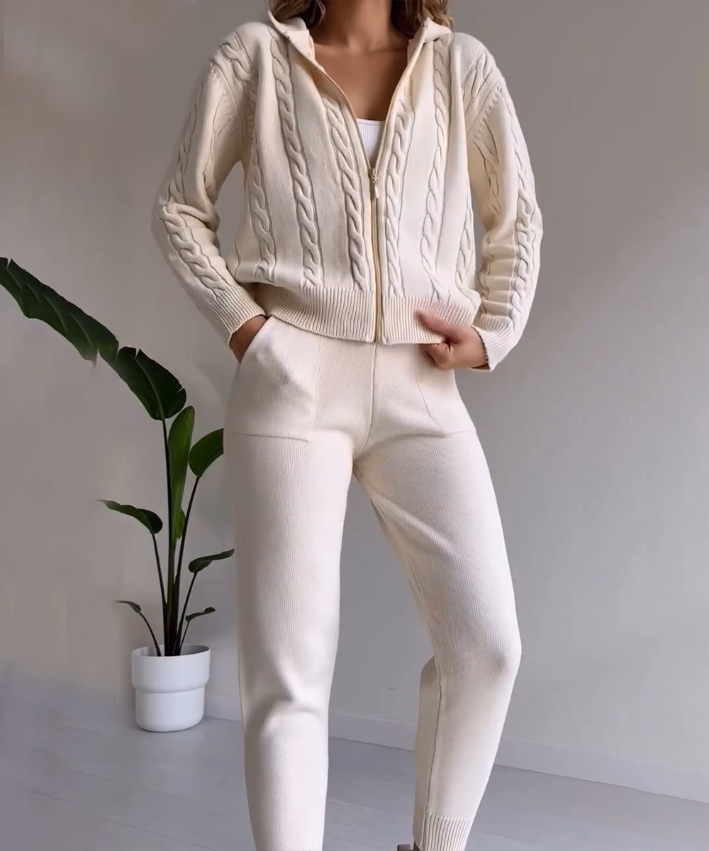 Variant image for Dam Tvådelad Uppsättning Cardigan och Jacquard Stickad Tröja i Högkvalitativ Bomull och Akrylblandning-1