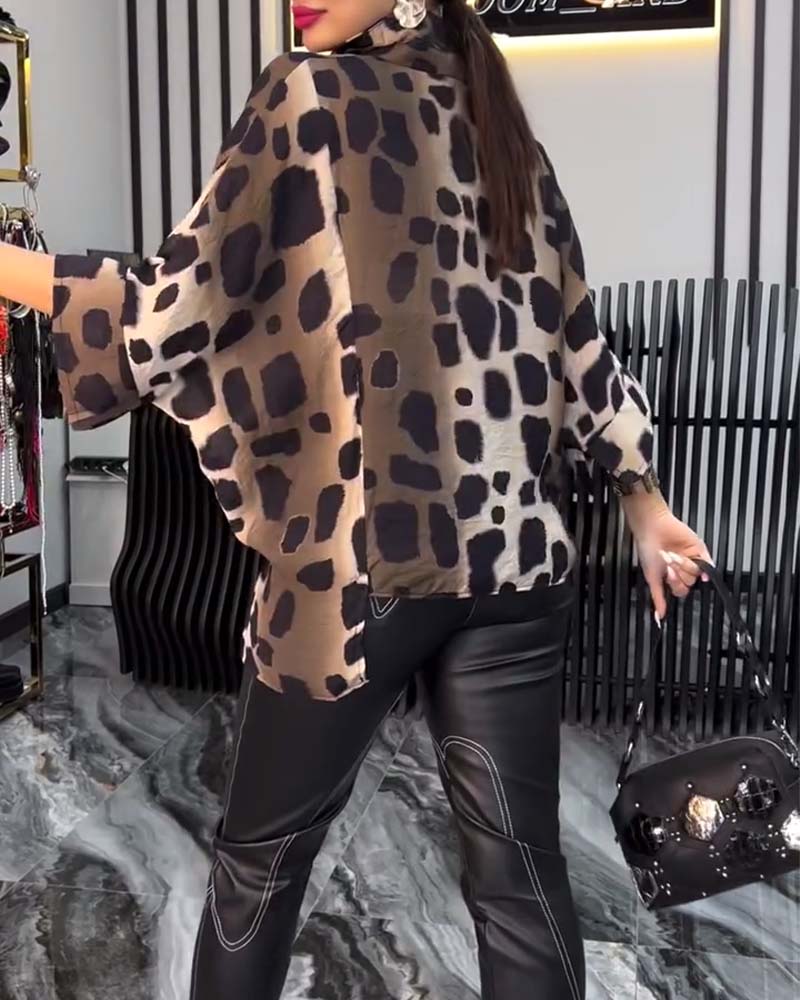 Dam Knytblus Leopardmönster Lätt Bomull 3/4 Ärmar-3