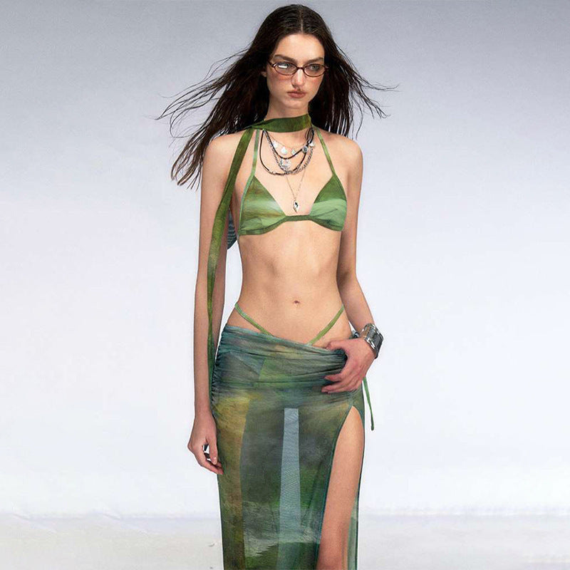 Dam Triangulär Bikini Mönstrad Nylon med Halsduk-2