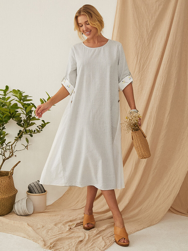 Damklänning Midi med Långärmar och Pusselmönster i Polyester – Bekväm och Elegant för Avslappnade Tillfällen 3