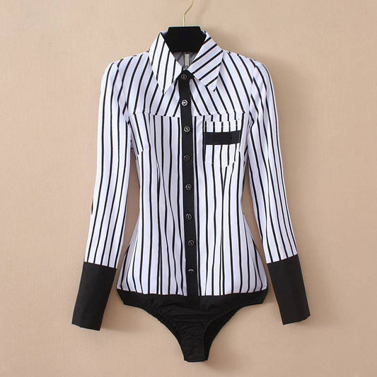 Dam Bodysuit LÄngÀrmad Randig Polyester med Vikbar Krage-1