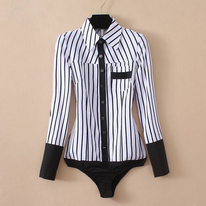 Variant image for Dam Bodysuit Långärmad Randig Polyester med Vikbar Krage-1