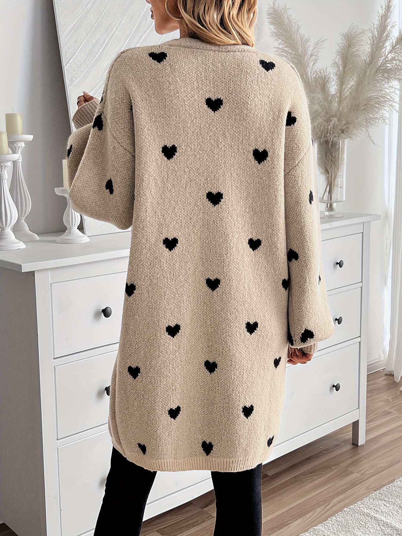 Dam Cardigan Hjärtmönster Mjuk Stickad Tyg 3