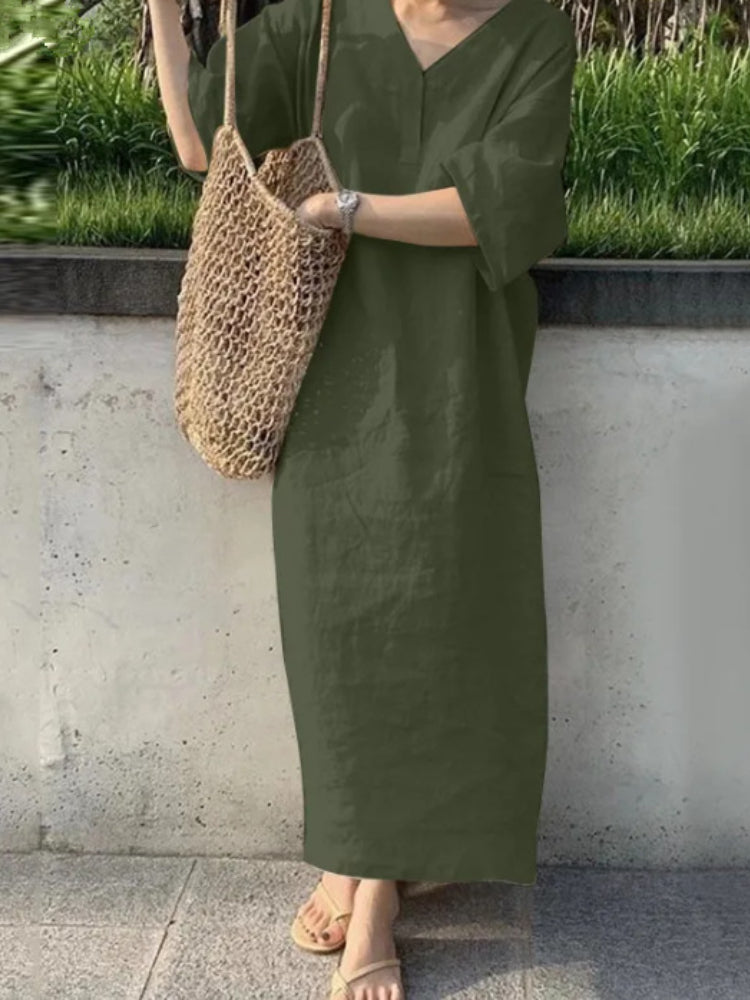 Damklänning Lång V-ringning Retro Stil Bomull Polyester-3