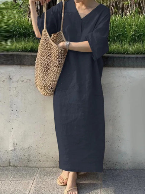 Variant image for Damklänning Lång V-ringning Retro Stil Bomull Polyester-17