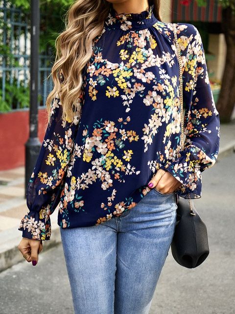 Dam Blus Långärmad Blommönster Rayon Avslappnad Snitt 8