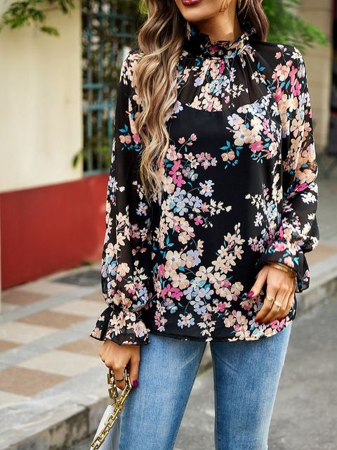 Dam Blus Långärmad Blommönster Rayon Avslappnad Snitt 9