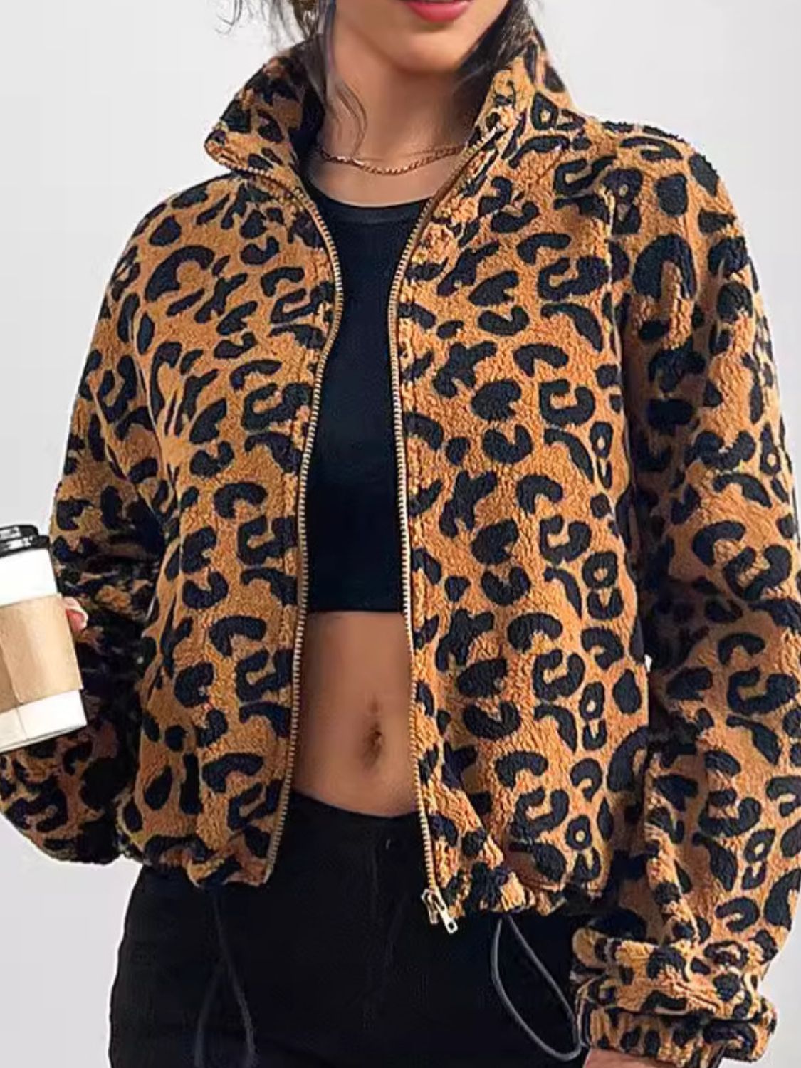 Damjacka Leopardtryck Zip-Up Lätt Tygblandning-3